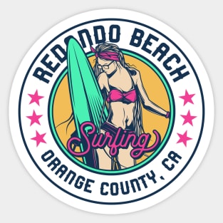 Retro Surfer Babe Badge Redondo Beach Orange County California Sticker